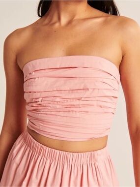 Abercrombie & Fitch Pink Poplin Strapless Smocked Back Ruched Crop Top Coquette